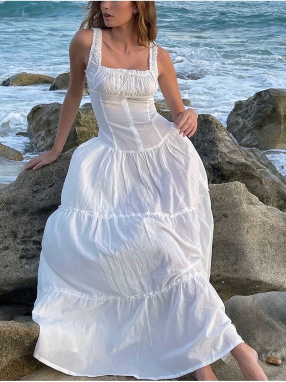 Frankie's Bikinis White Tiered Maxi Dress with Square Neck